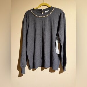Liz Claiborne Women’s Gray Crystal Pearl Jeweled Neck Pullover Sweater
